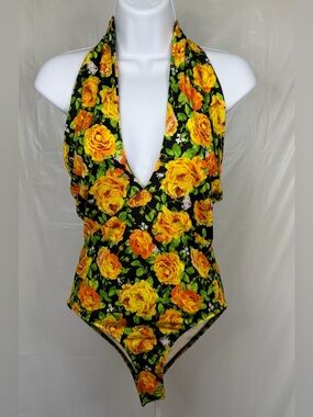 Zara Floral Halter Bodysuit Small Black Yellow Rose Print